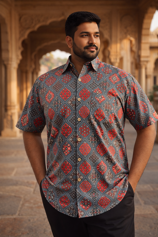 Maroon Barfi Ajrak Printed Plus Size Half Sleeves Cotton Shirt