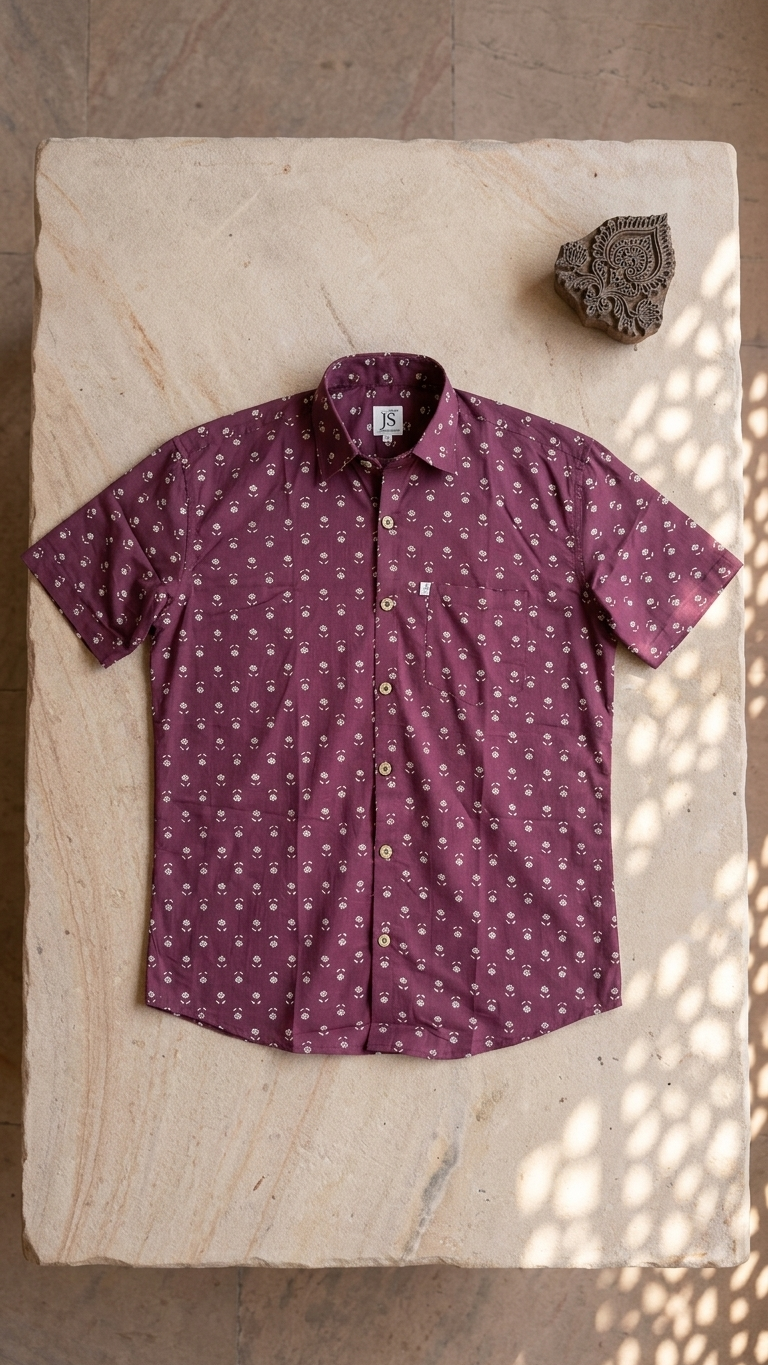 Maroon Wine Buti Print Mens Half Sleeves Cotton Shirt