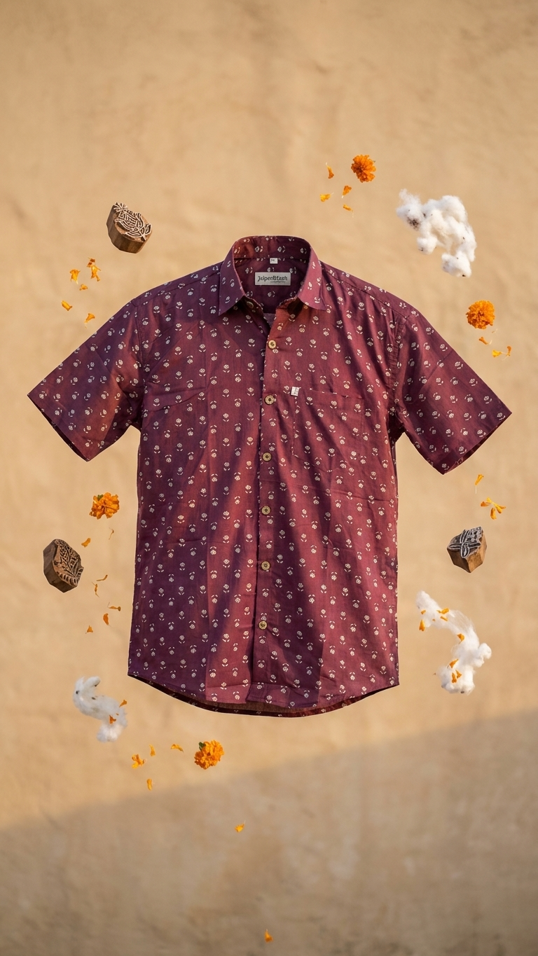 Maroon Wine Buti Print Mens Half Sleeves Cotton Shirt