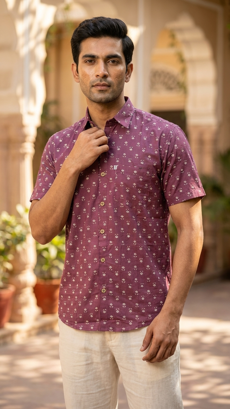 Maroon Wine Buti Print Mens Half Sleeves Cotton Shirt