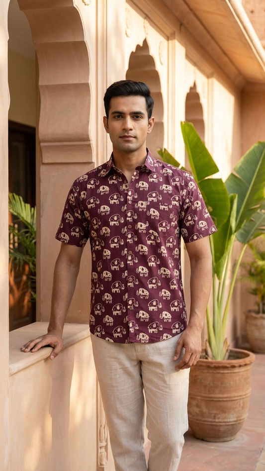 Maroon Beige Elephant Printed Mens Half Sleeves Cotton Shirt