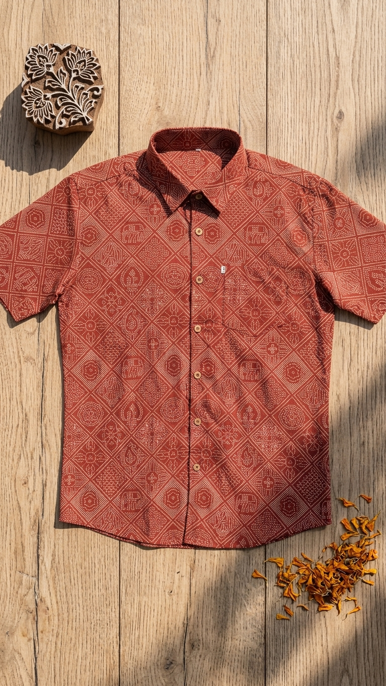 Maroon Figure Bandhej Printed Half Sleeves Cotton Shirt for Men