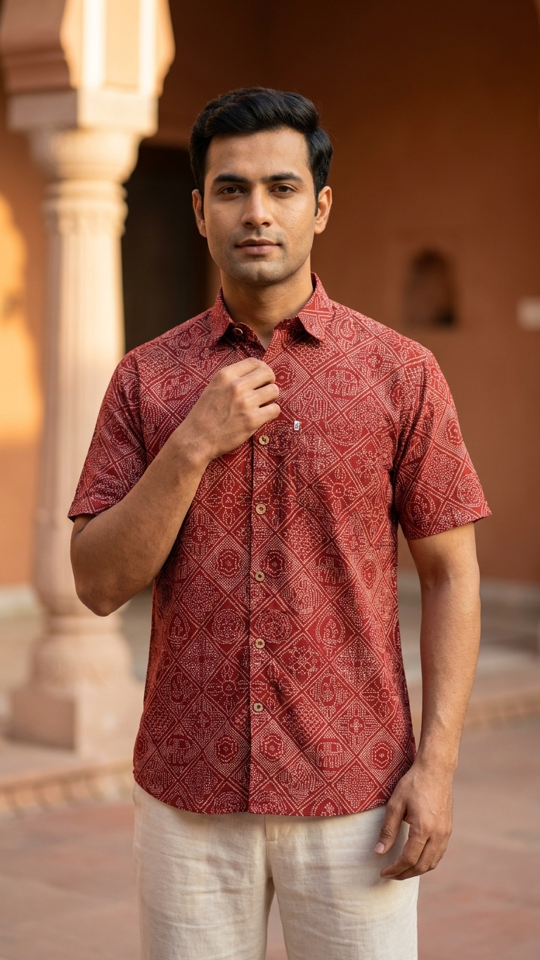 Maroon Figure Bandhej Printed Half Sleeves Cotton Shirt for Men