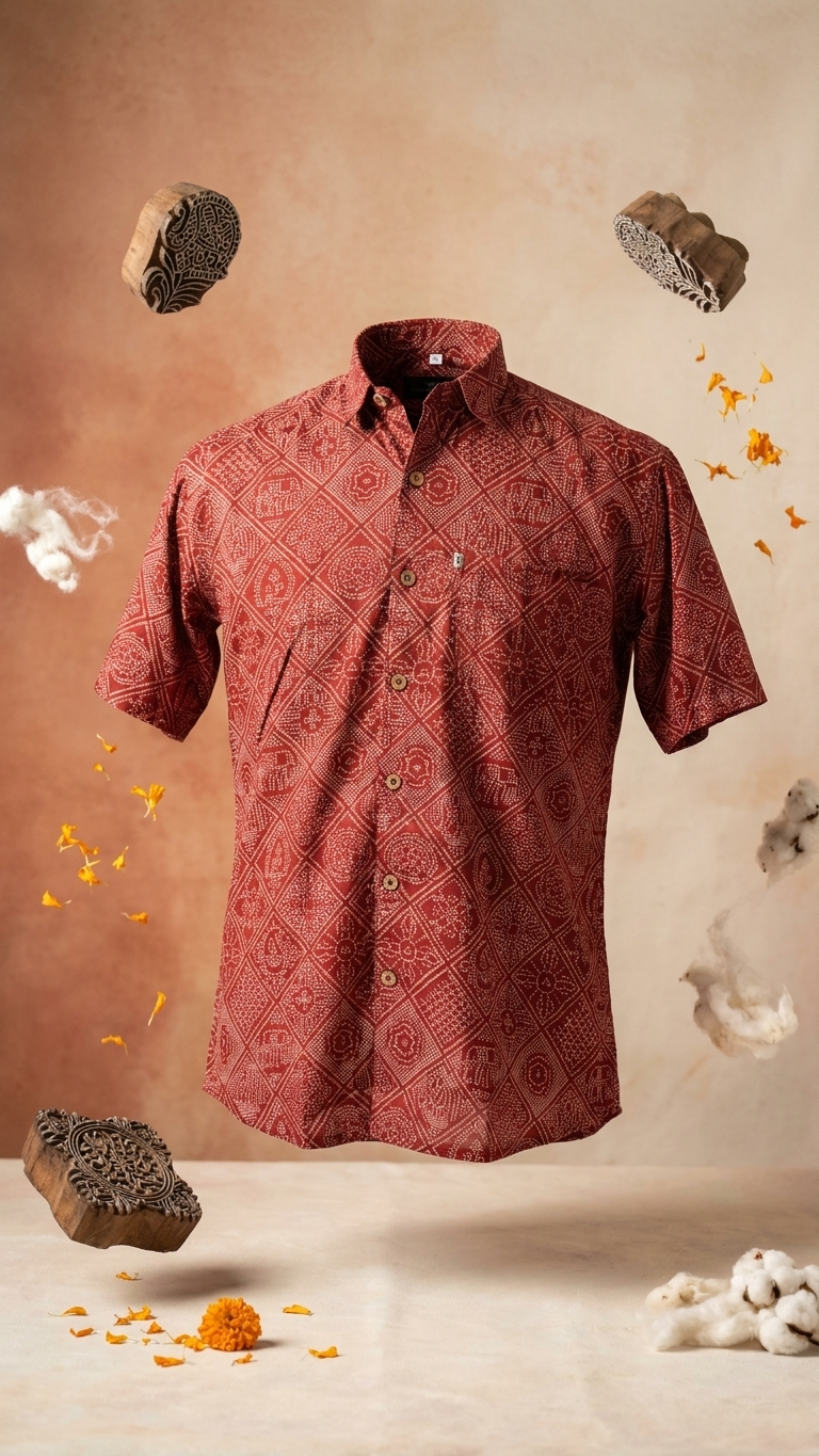 Maroon Figure Bandhej Printed Half Sleeves Cotton Shirt for Men