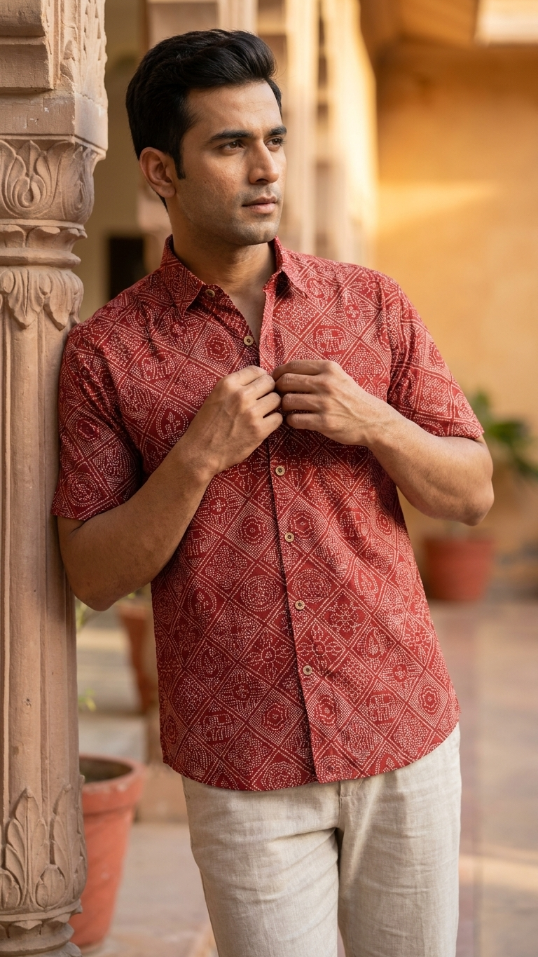 Maroon Figure Bandhej Printed Half Sleeves Cotton Shirt for Men
