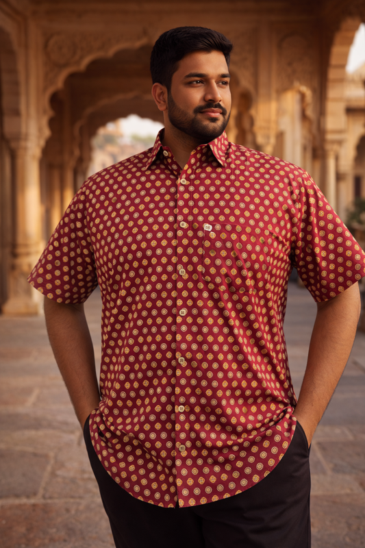 Maroon Mustard Booti Printed Plus Size Half Sleeves Cotton Shirt