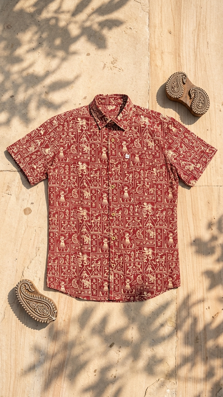 Maroon Warli Art Printed Men's Half Sleeves Cotton Shirt