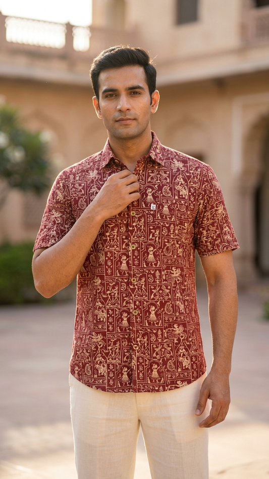 Maroon Warli Art Printed Men's Half Sleeves Cotton Shirt