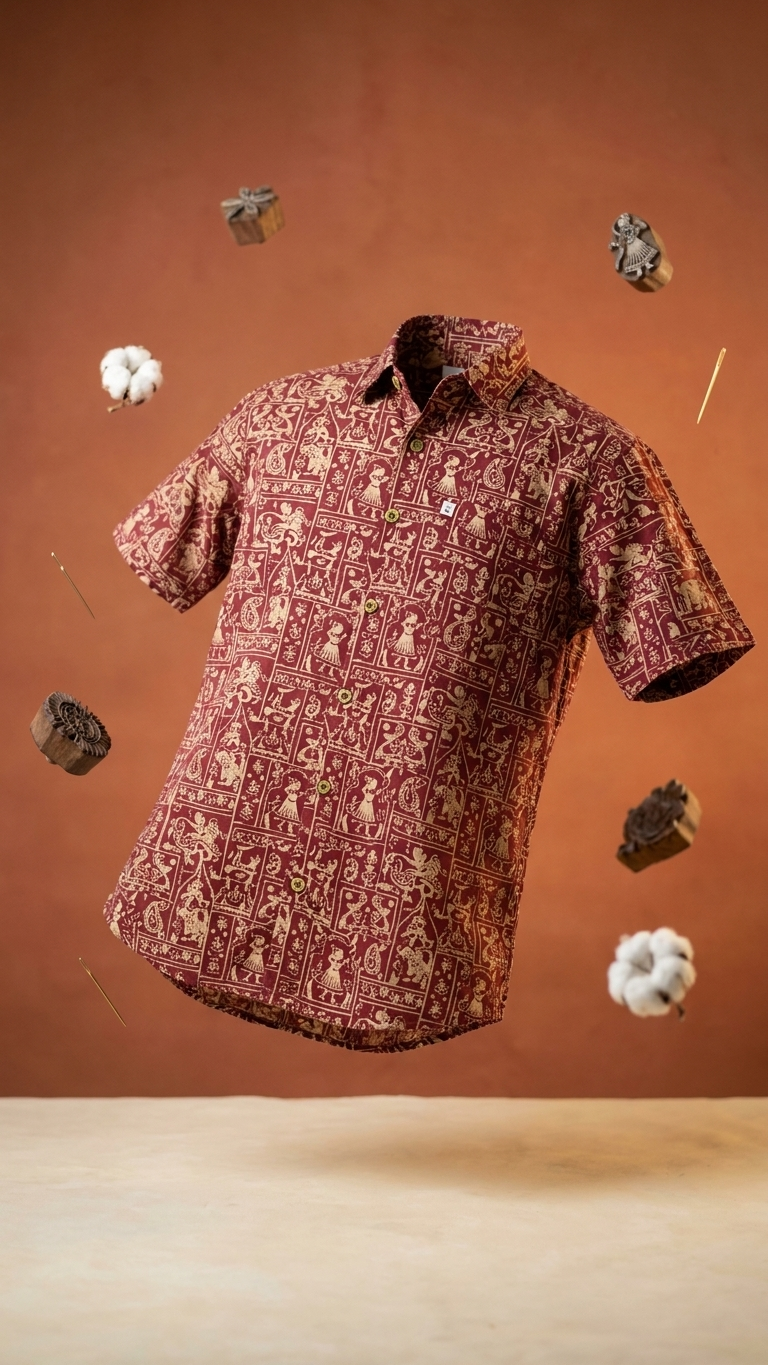 Maroon Warli Art Printed Men's Half Sleeves Cotton Shirt