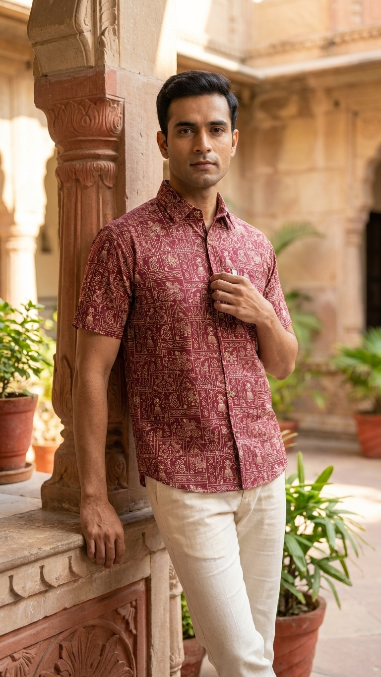 Maroon Warli Art Printed Men's Half Sleeves Cotton Shirt