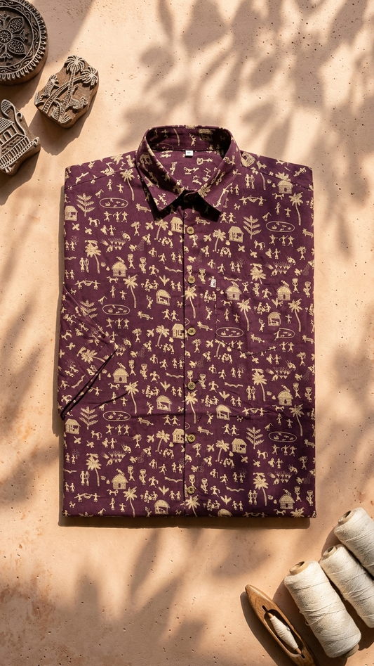 Half Sleeves Maroon Wine Warli Printed Cotton Shirt for Men