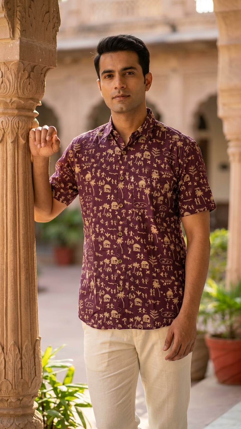 Half Sleeves Maroon Wine Warli Printed Cotton Shirt for Men