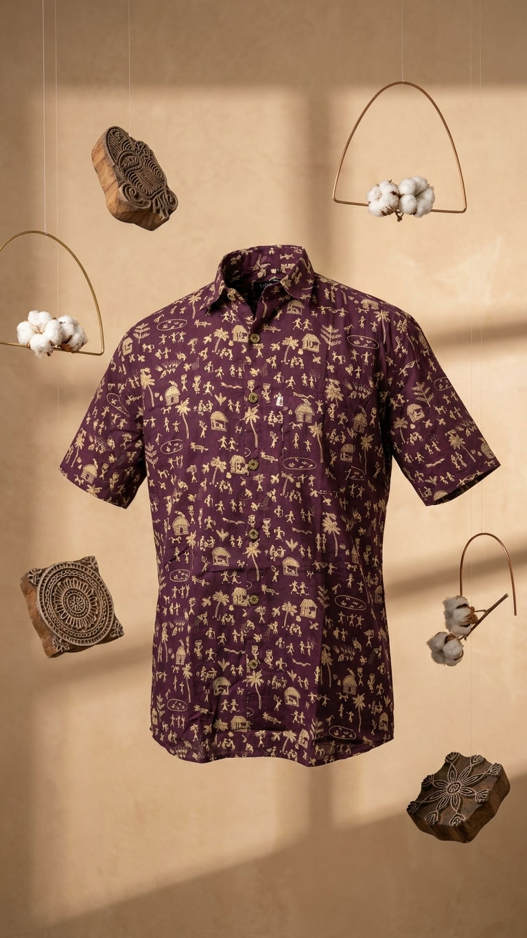 Half Sleeves Maroon Wine Warli Printed Cotton Shirt for Men
