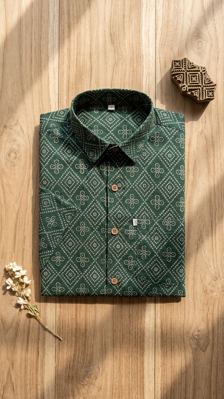 Bottle Green Barfi Bandhej Printed Half Sleeves Cotton Shirt for Men