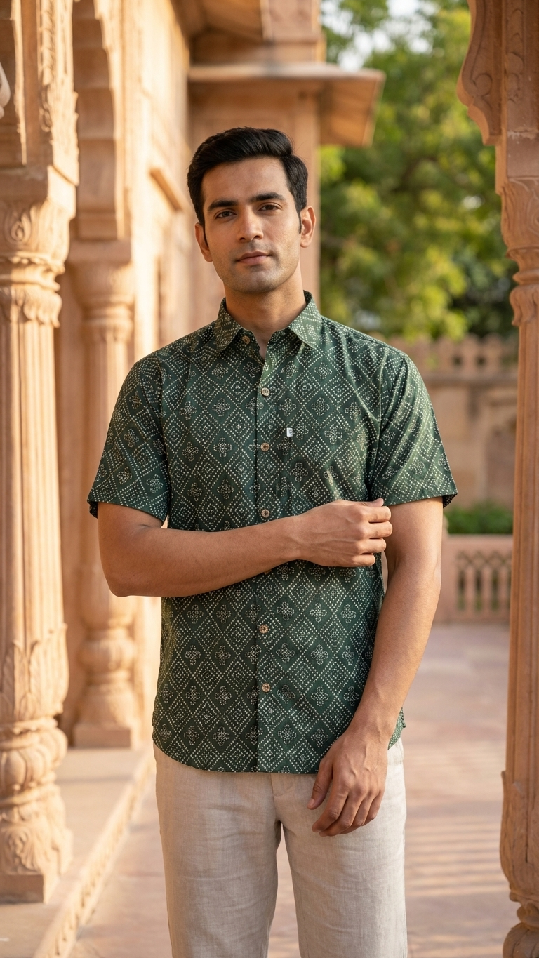 Bottle Green Barfi Bandhej Printed Half Sleeves Cotton Shirt for Men
