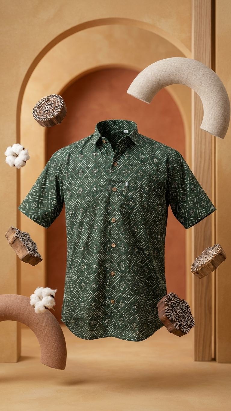 Bottle Green Barfi Bandhej Printed Half Sleeves Cotton Shirt for Men