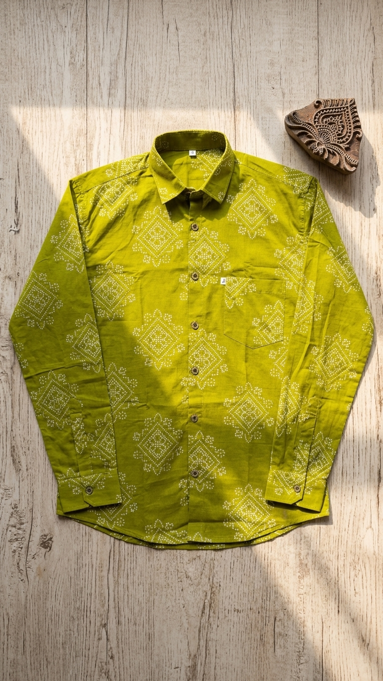 Full Sleeves Mehendi Green Bandhej Printed Cotton Shirt for Men