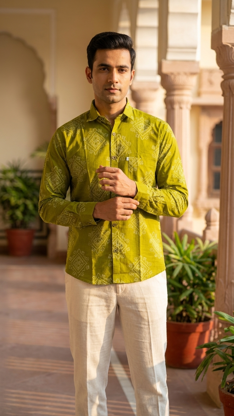 Full Sleeves Mehendi Green Bandhej Printed Cotton Shirt for Men