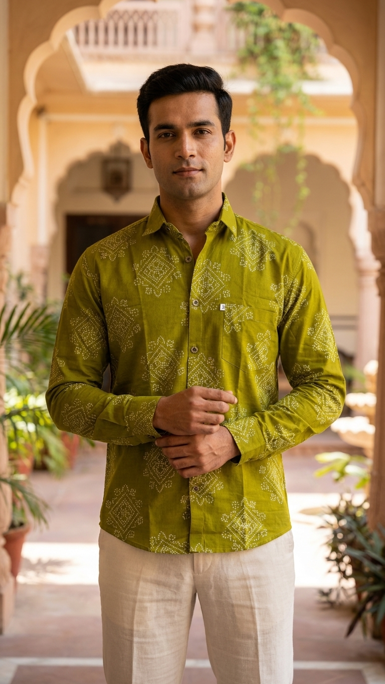 Full Sleeves Mehendi Green Bandhej Printed Cotton Shirt for Men