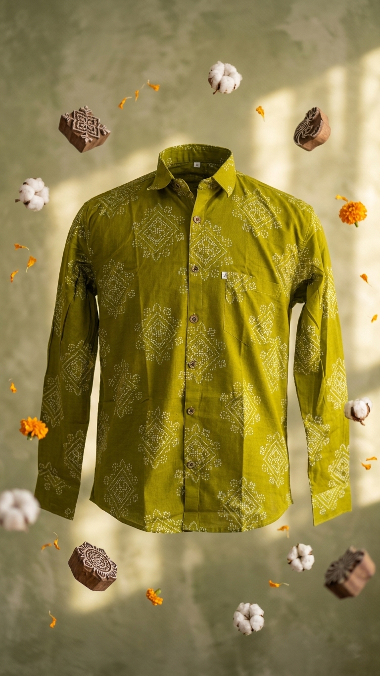 Full Sleeves Mehendi Green Bandhej Printed Cotton Shirt for Men