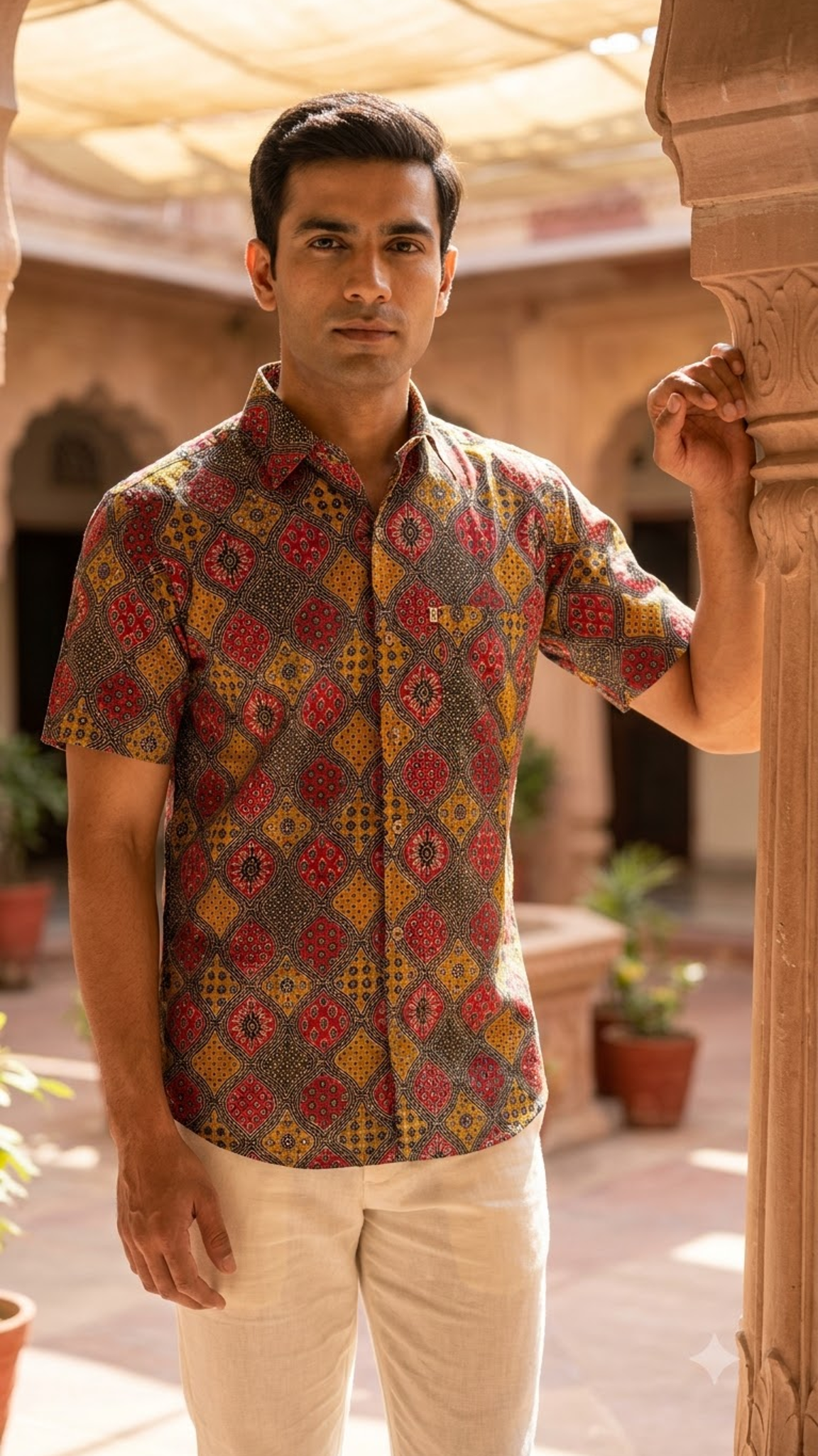 Multicolour Barfi Ajrakh Printed Half Sleeves Cotton Shirt for Men