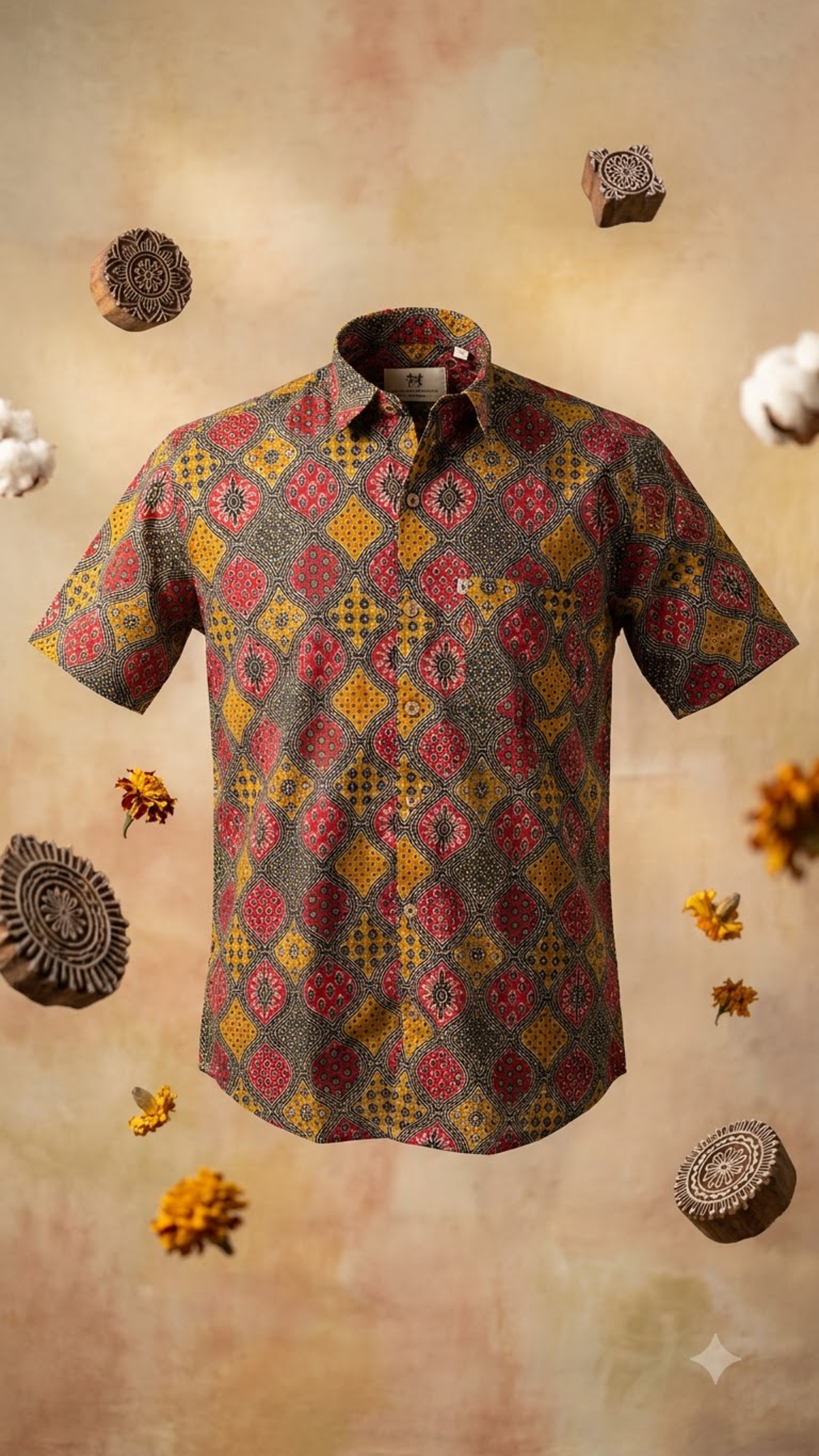Multicolour Barfi Ajrakh Printed Half Sleeves Cotton Shirt for Men