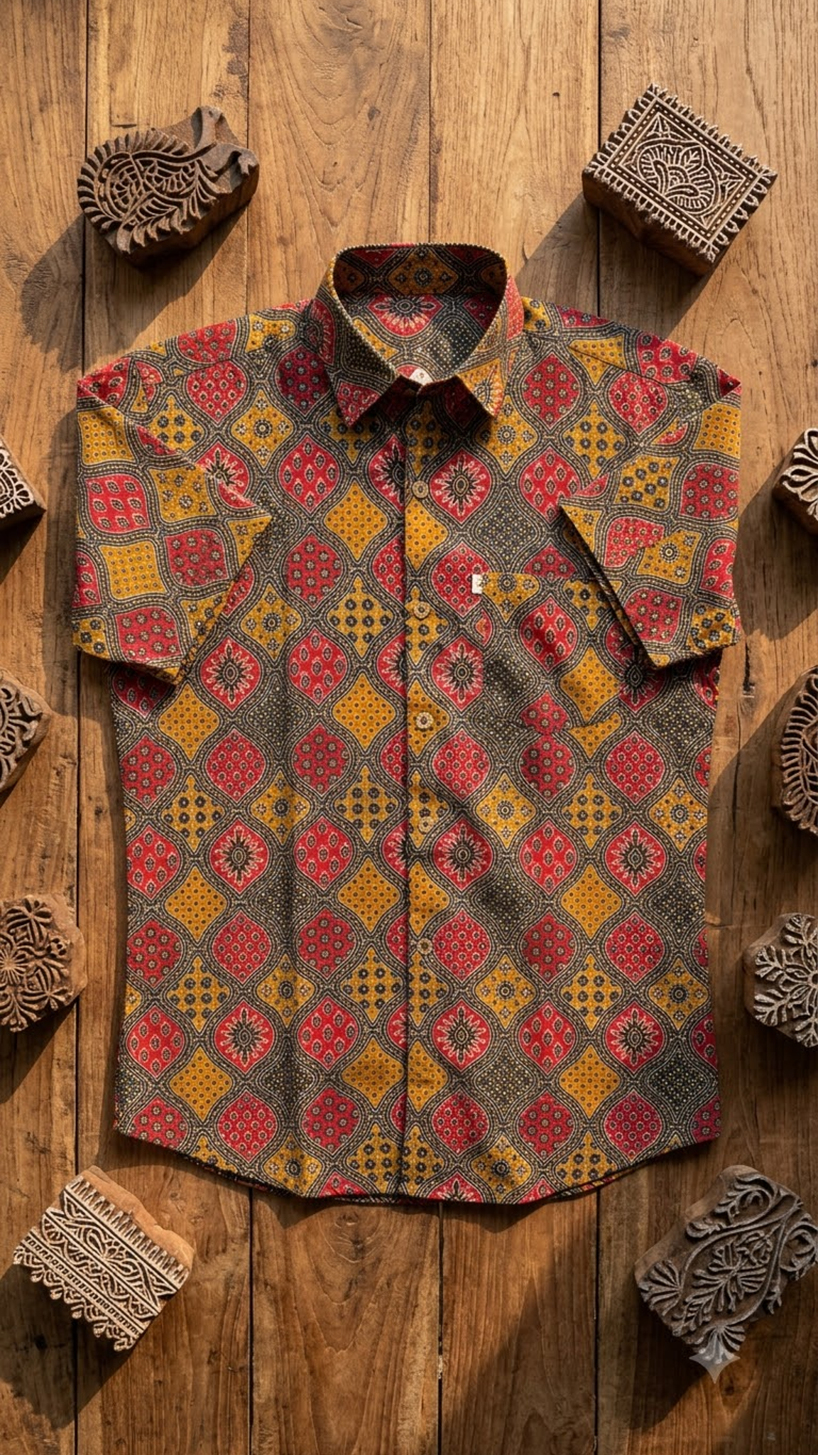 Multicolour Barfi Ajrakh Printed Half Sleeves Cotton Shirt for Men
