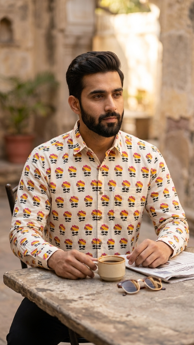 Full Sleeves Multicolour Turban/Pagdi Printed Men's Cotton Shirt
