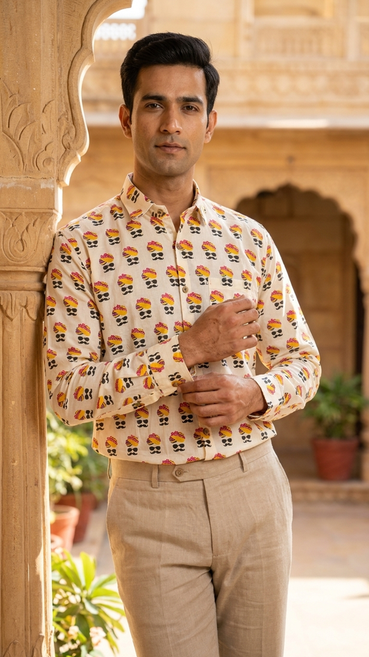Full Sleeves Multicolour Turban/Pagdi Printed Men's Cotton Shirt