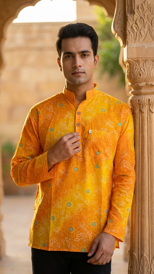 Multicolour Yellow Bandhej Printed Men's Full Sleeves Short Cotton Kurta
