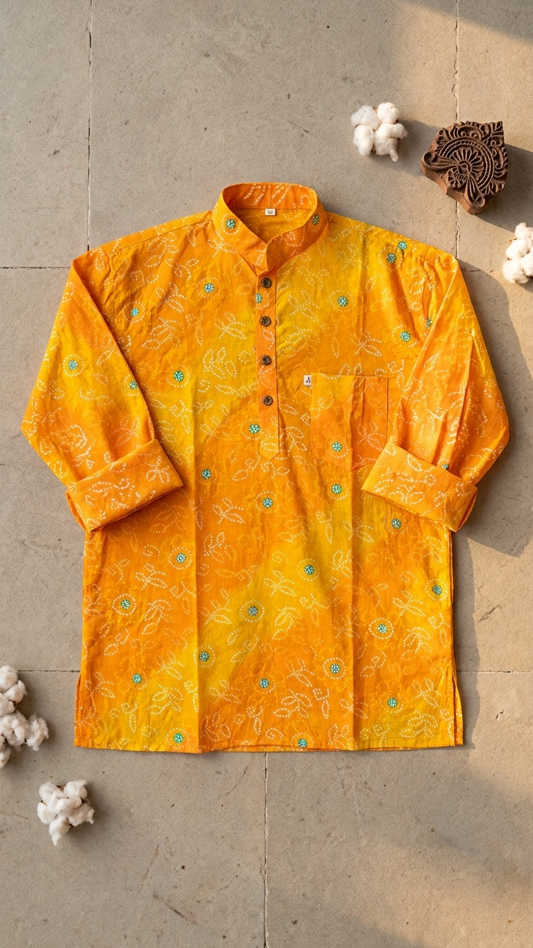 Multicolour Yellow Bandhej Printed Men's Full Sleeves Short Cotton Kurta