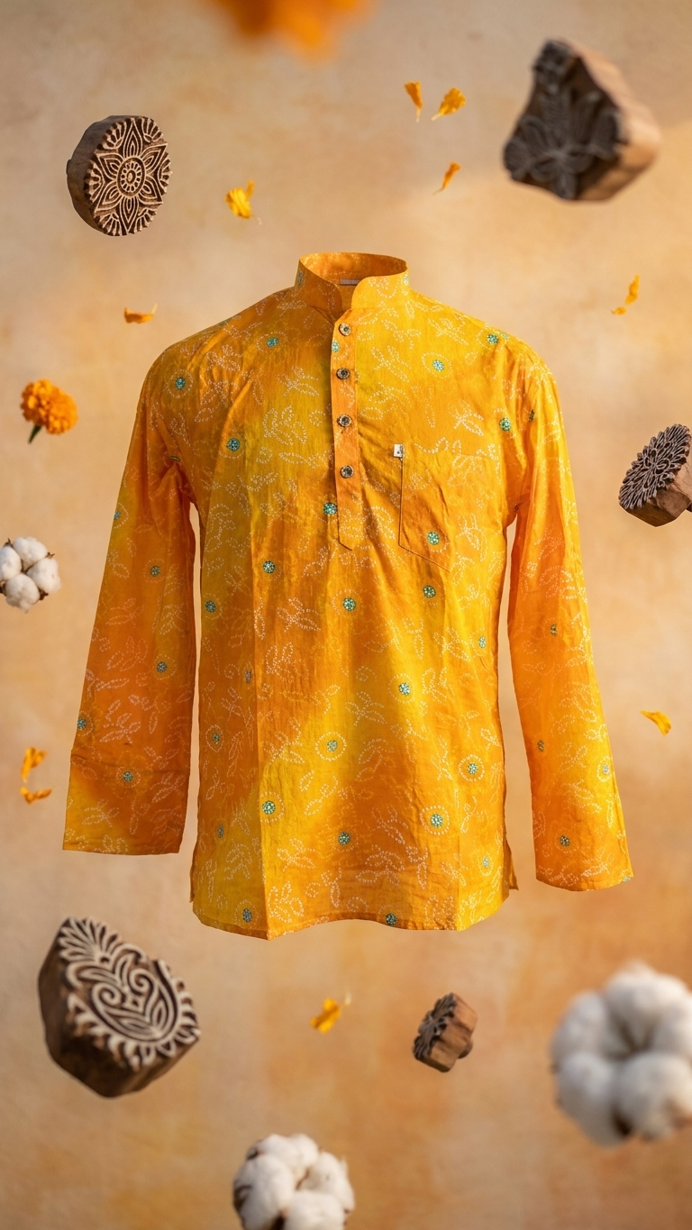 Multicolour Yellow Bandhej Printed Men's Full Sleeves Short Cotton Kurta