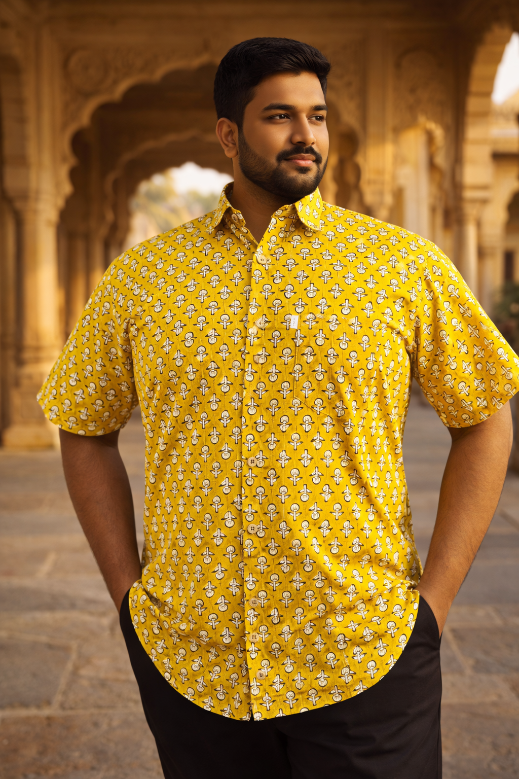 Mustard Booti Printed Plus Size Half Sleeves Cotton Shirt