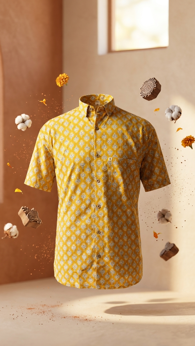 Mustard Floral Buti Printed Plus Size Half Sleeves Cotton Shirt for Men