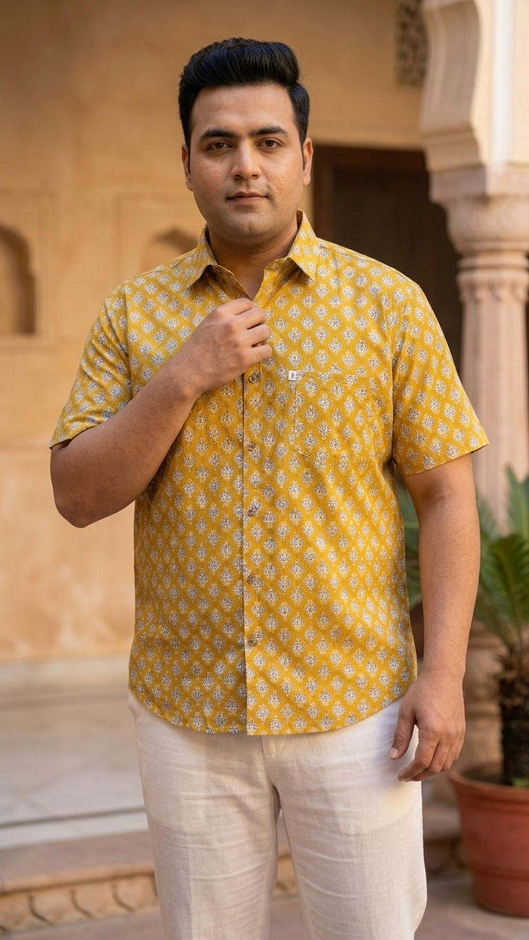 Mustard Floral Buti Printed Plus Size Half Sleeves Cotton Shirt for Men