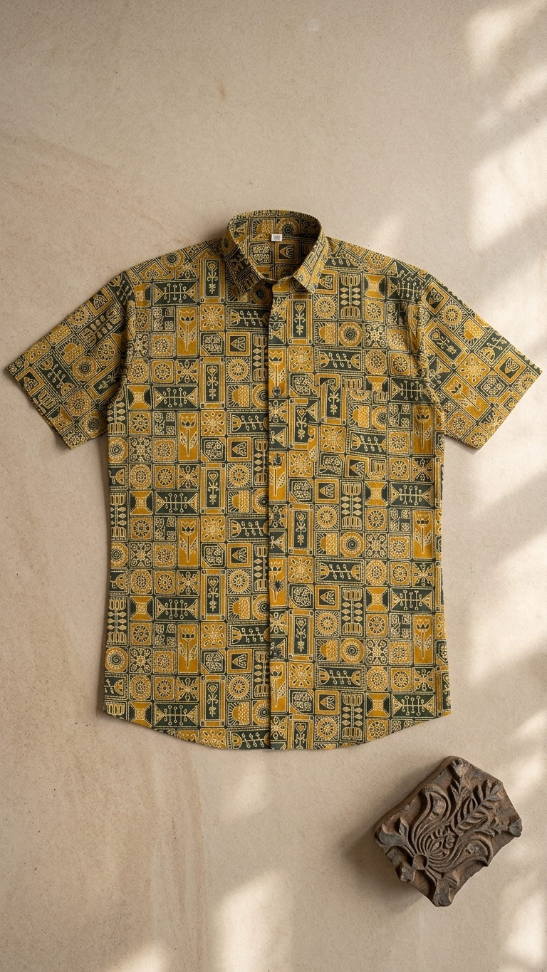 Mustard Green Heritage Motif Printed Half Sleeves Cotton Shirt for Men
