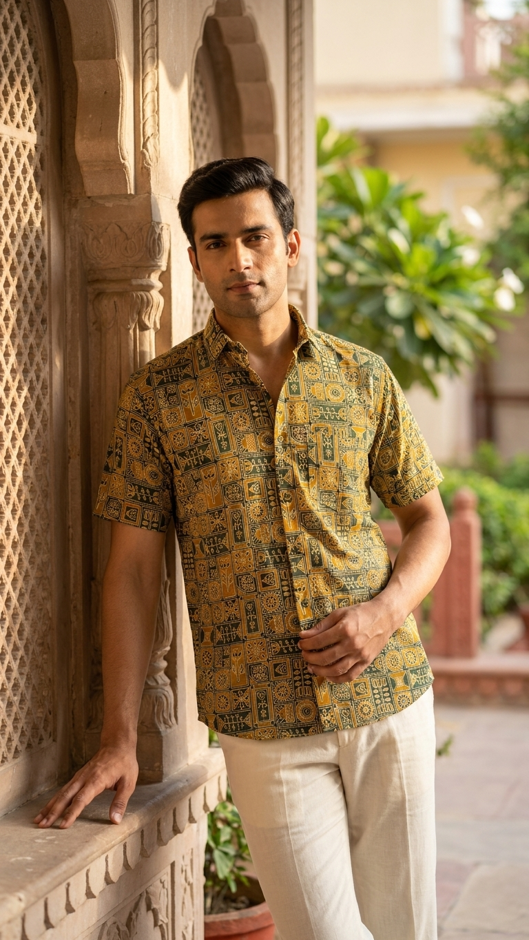 Mustard Green Heritage Motif Printed Half Sleeves Cotton Shirt for Men