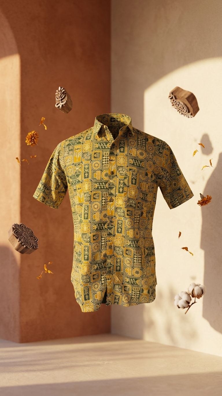 Mustard Green Heritage Motif Printed Half Sleeves Cotton Shirt for Men