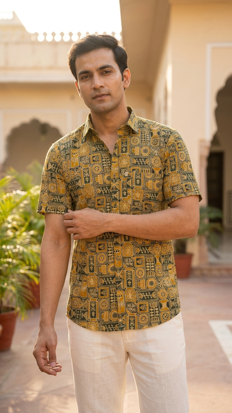 Mustard Green Heritage Motif Printed Half Sleeves Cotton Shirt for Men