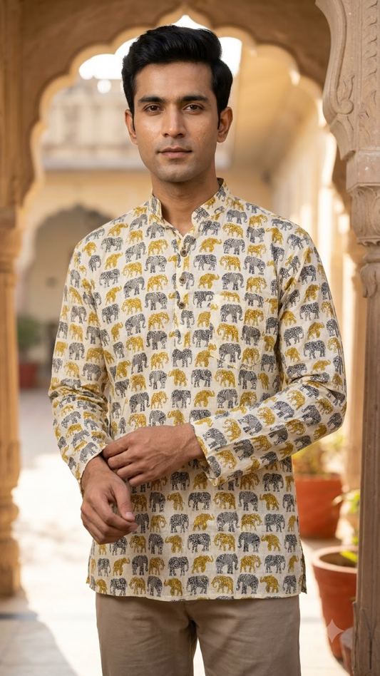 White Mustard & Grey Elephant Print Men’s Full Sleeve Short Kurta