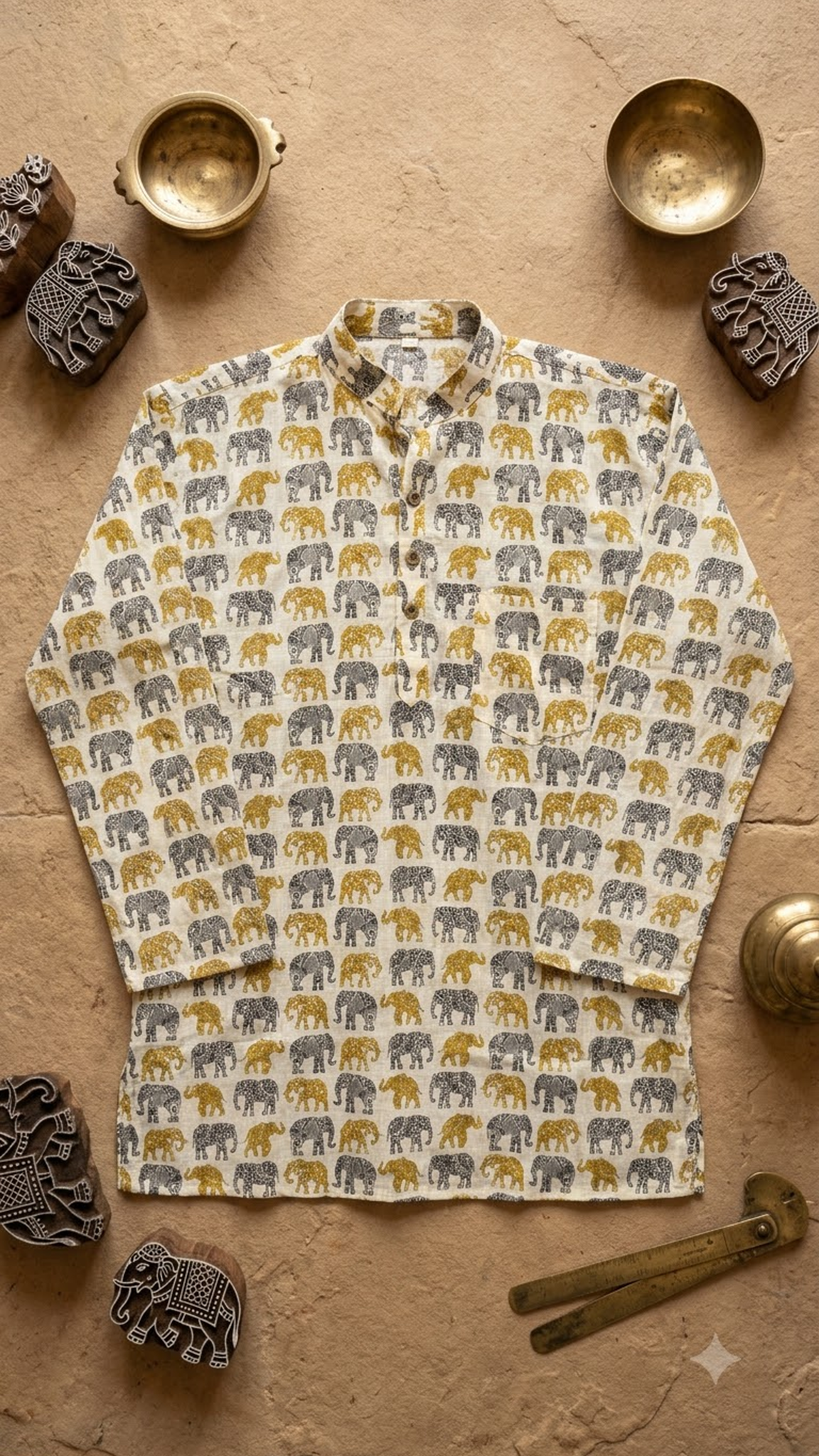 White Mustard & Grey Elephant Print Men’s Full Sleeve Short Kurta