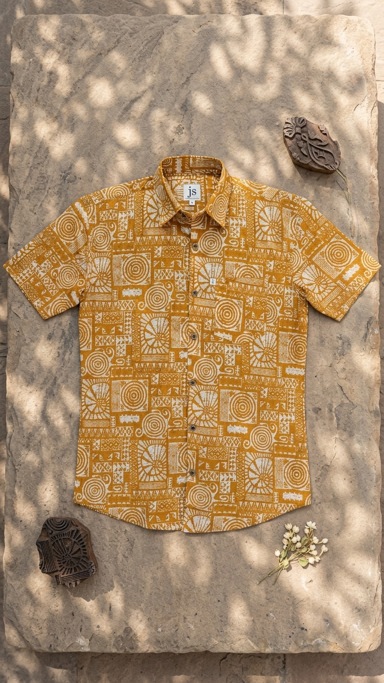 Mustard Maze Printed Half Sleeves Cotton Shirt for Men