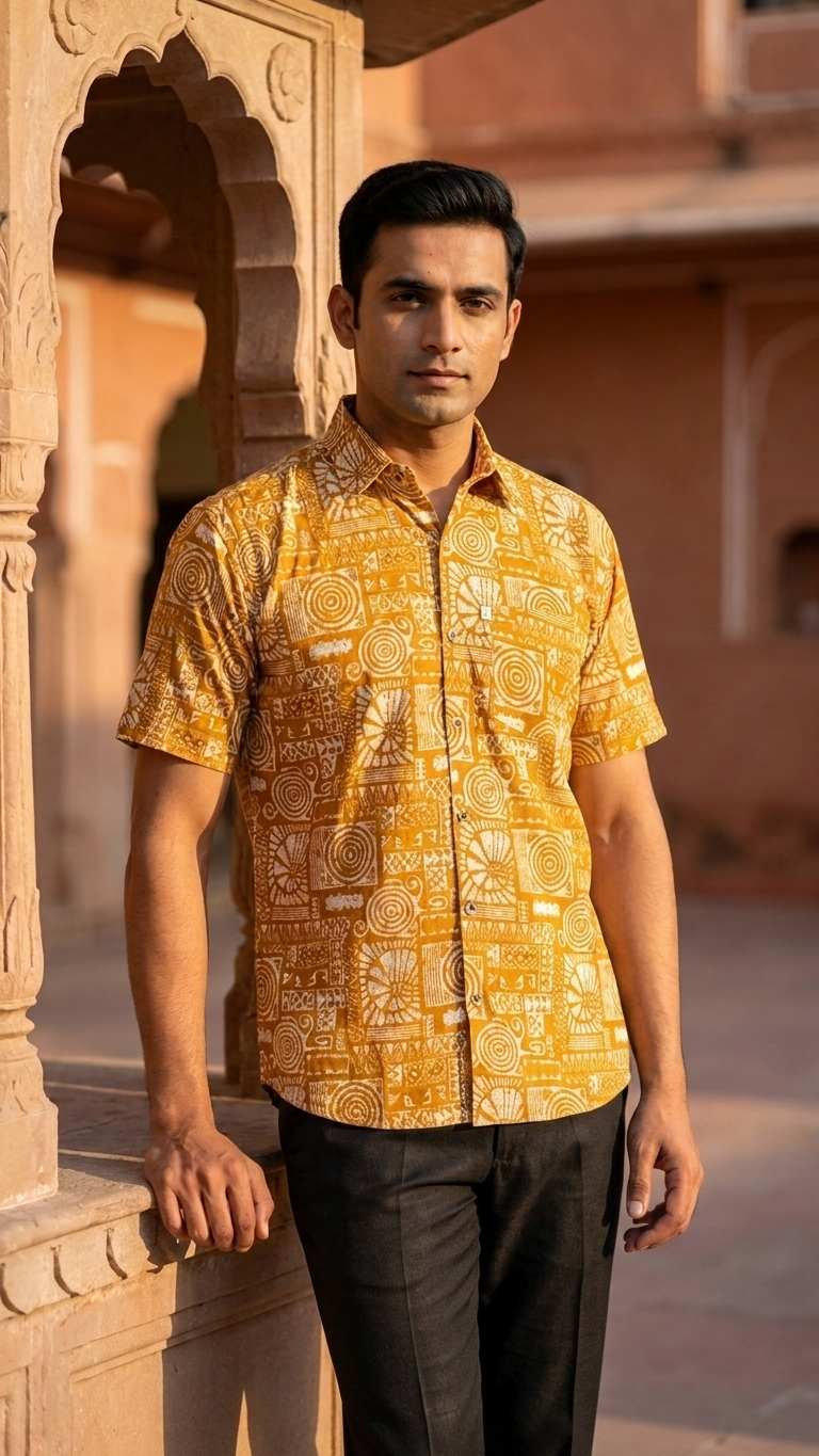 Mustard Maze Printed Half Sleeves Cotton Shirt for Men