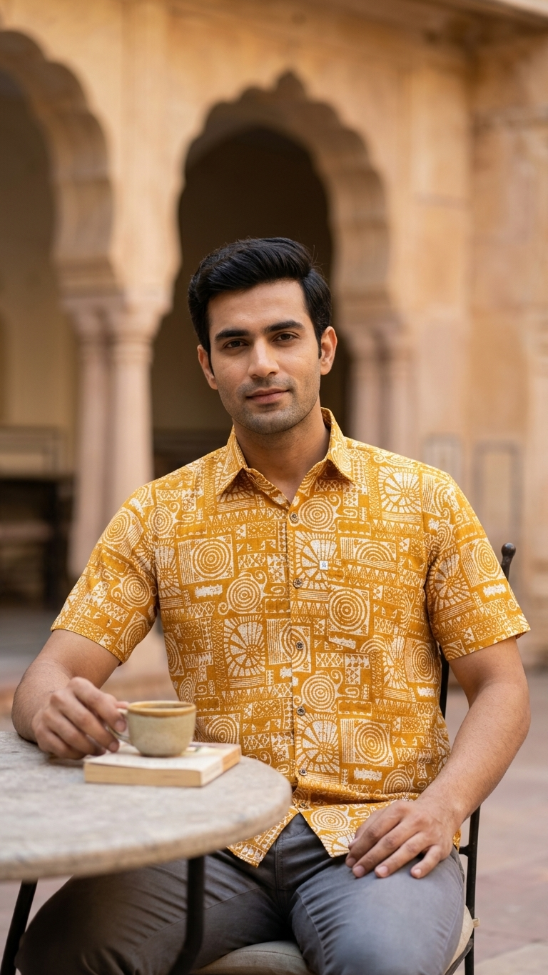Mustard Maze Printed Half Sleeves Cotton Shirt for Men