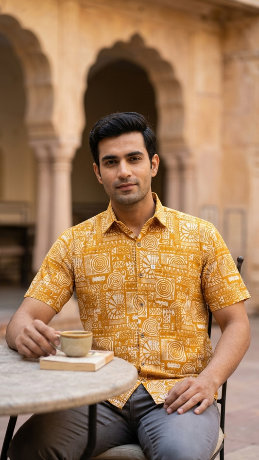 Mustard Maze Printed Half Sleeves Cotton Shirt for Men