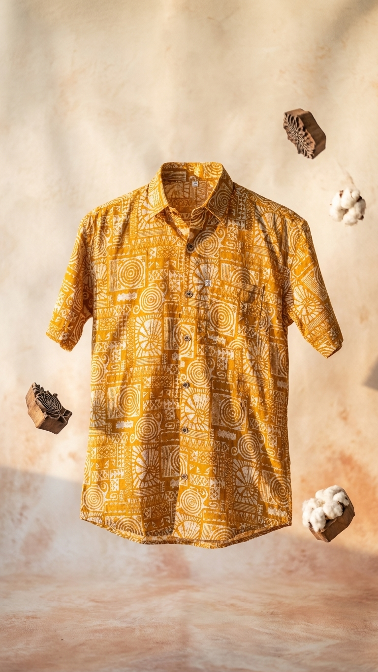 Mustard Maze Printed Half Sleeves Cotton Shirt for Men