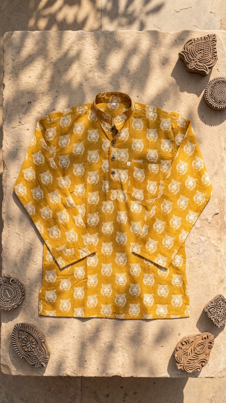 Mustard Tiger Face Printed Full Sleeves Short Kurta for Men