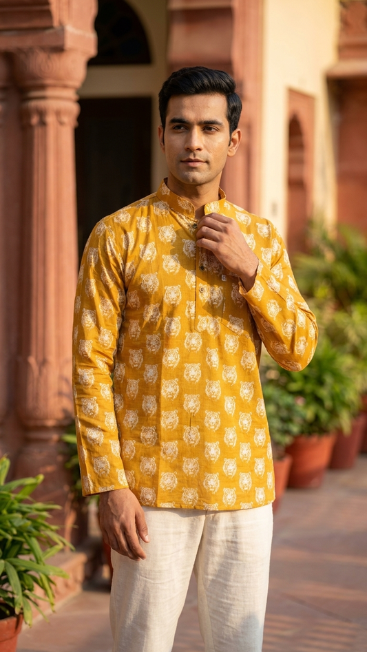 Mustard Tiger Face Printed Full Sleeves Short Kurta for Men