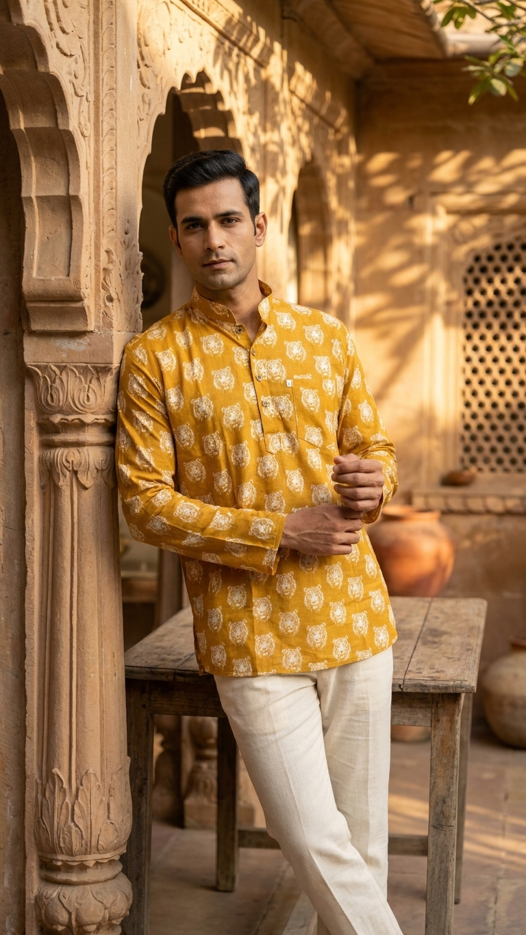 Mustard Tiger Face Printed Full Sleeves Short Kurta for Men