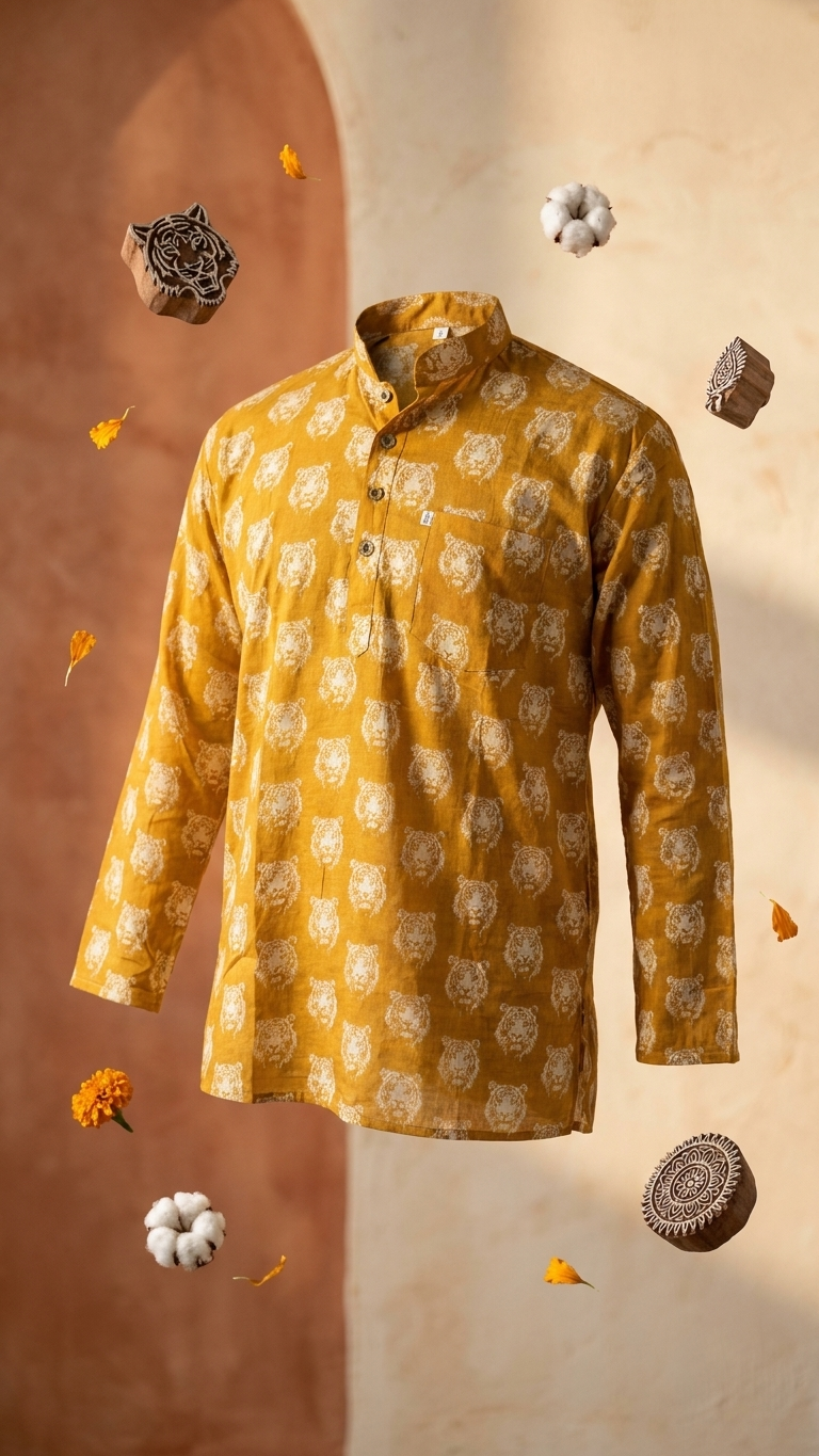 Mustard Tiger Face Printed Full Sleeves Short Kurta for Men